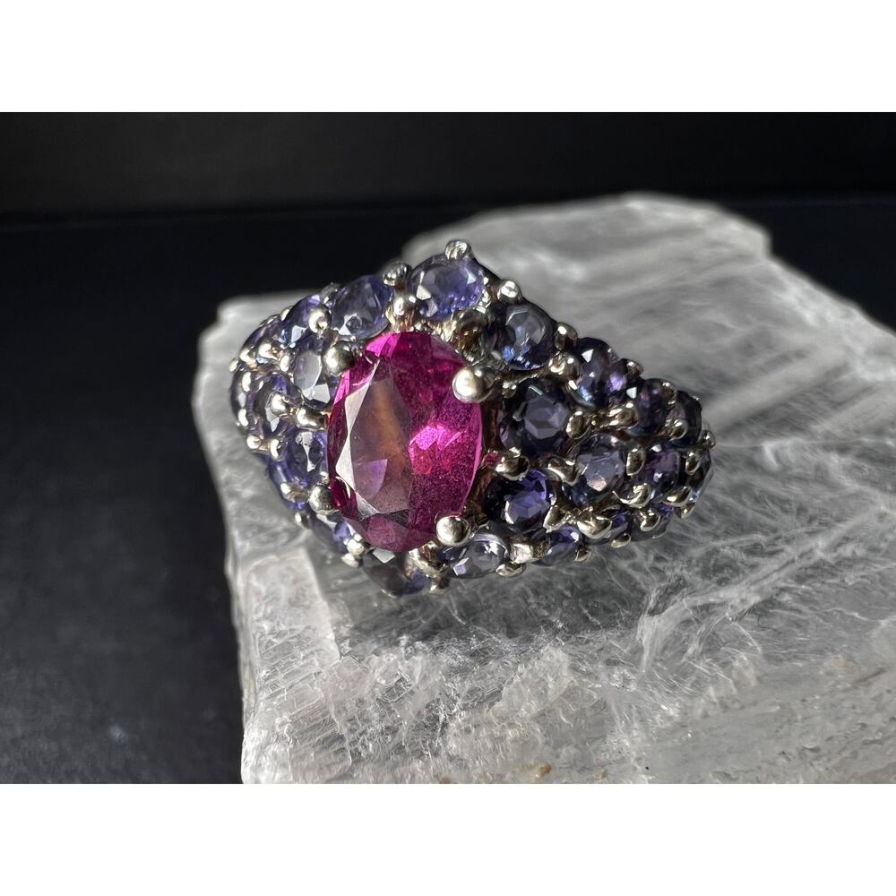 Vintage Pink Tourmaline Tanzanite Sterling Silver Cluster Ring Size 7